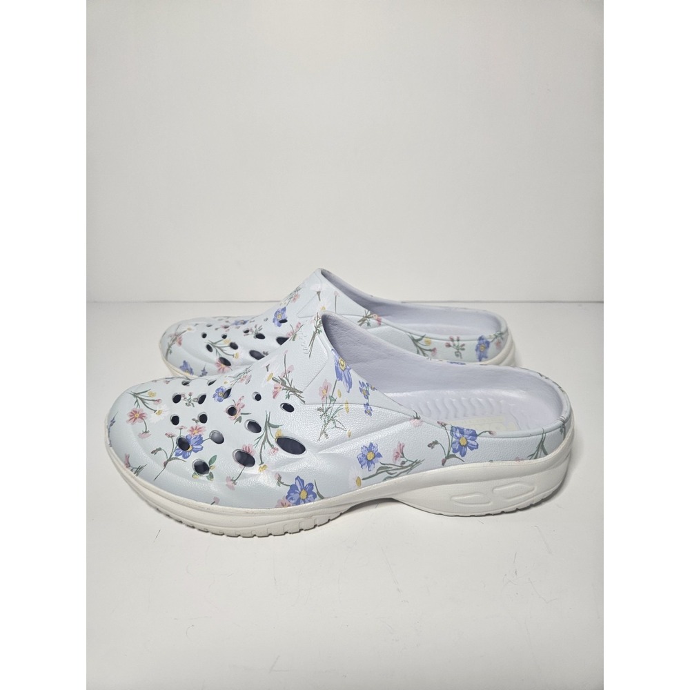 Easy Spirit Traveltime Clogs Women's Size 8 Floral Blue Mules Walking Shoes